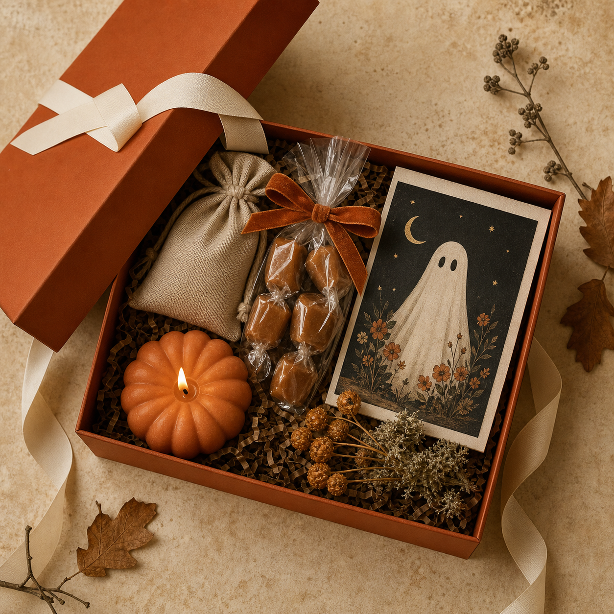 Illustrative arrangement of a Halloween gift box for The Pumpkin Porch